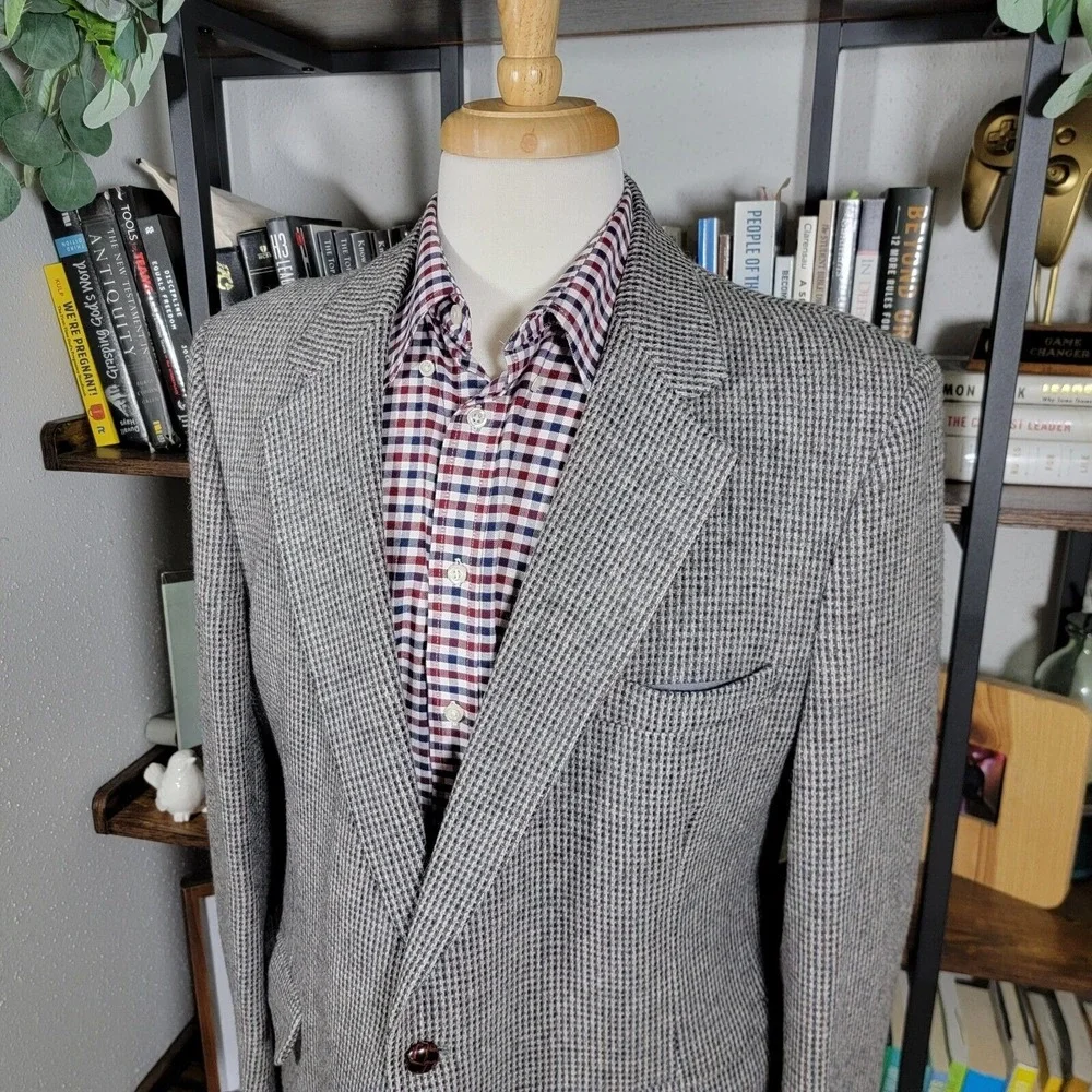 VTG Stafford Men's Tweed Blazer Jacket Two Button Gray‎ Pure Wool Size 46R